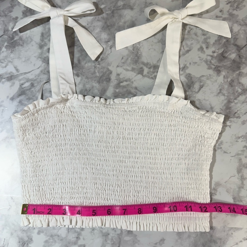 White Smocked tie shoulder cottagecore country cowgirl summer top Loveriche sz M - Picture 3 of 7